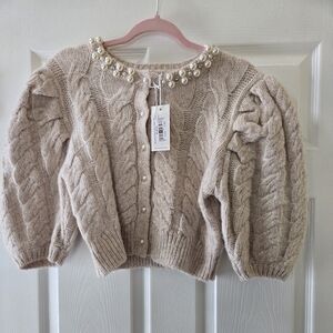 Moon River Tan Cardigan with Puff Sleeves and Cable Knit